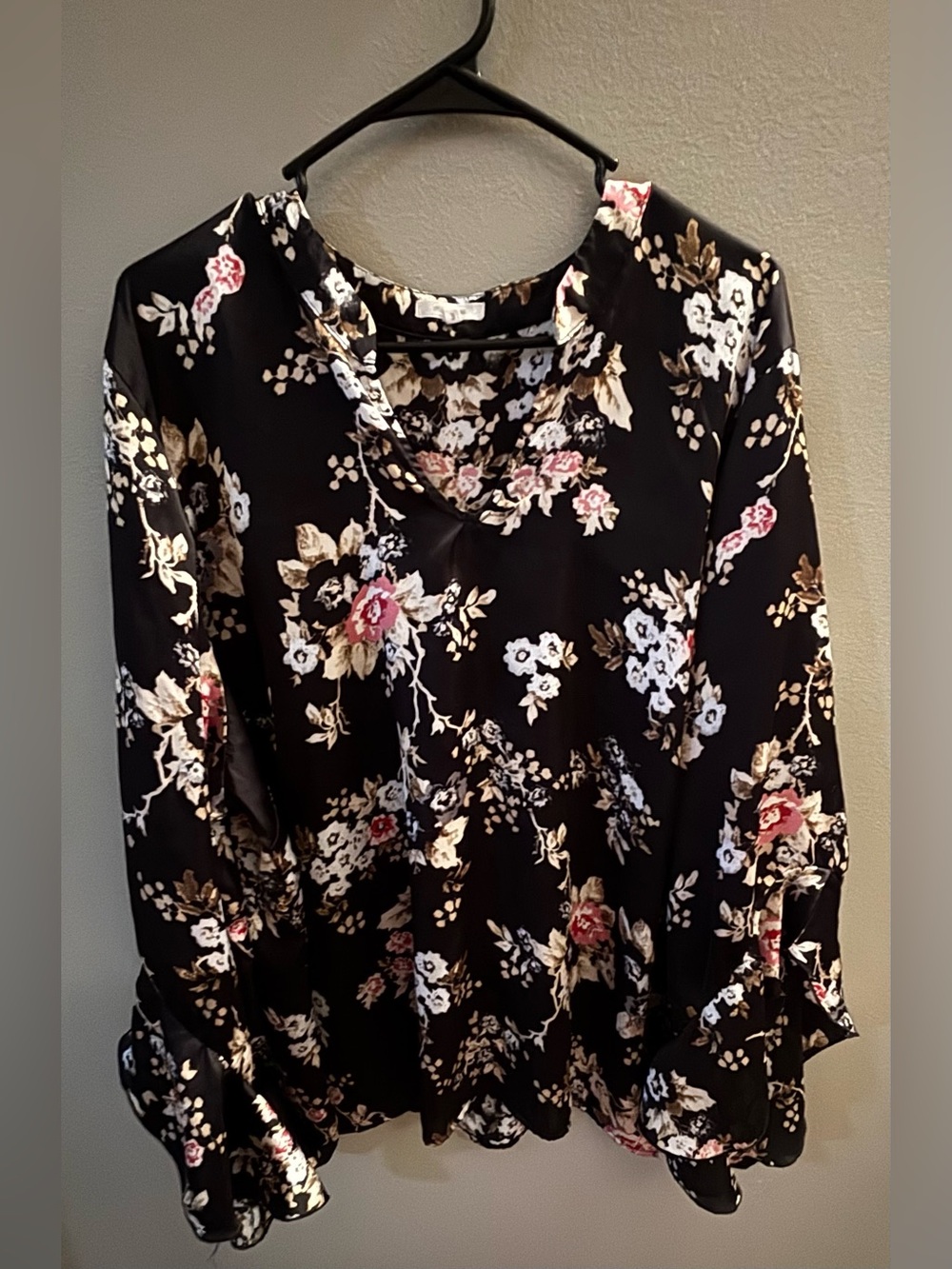 Maurices Black Floral V-Neck Blouse with Pink and Cream Accents